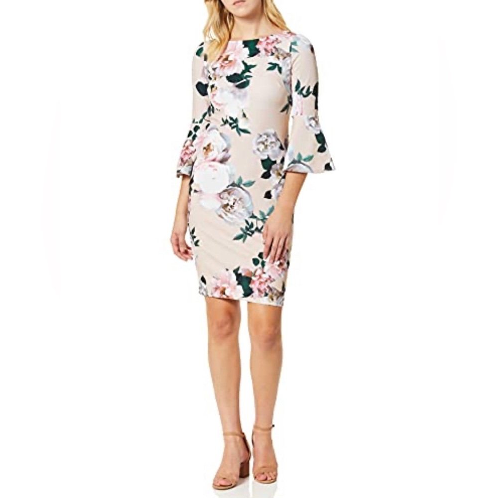 Calvin Klein Sz 18W NWT floral sheath dress flared peplum sleeve roses Pink Gold